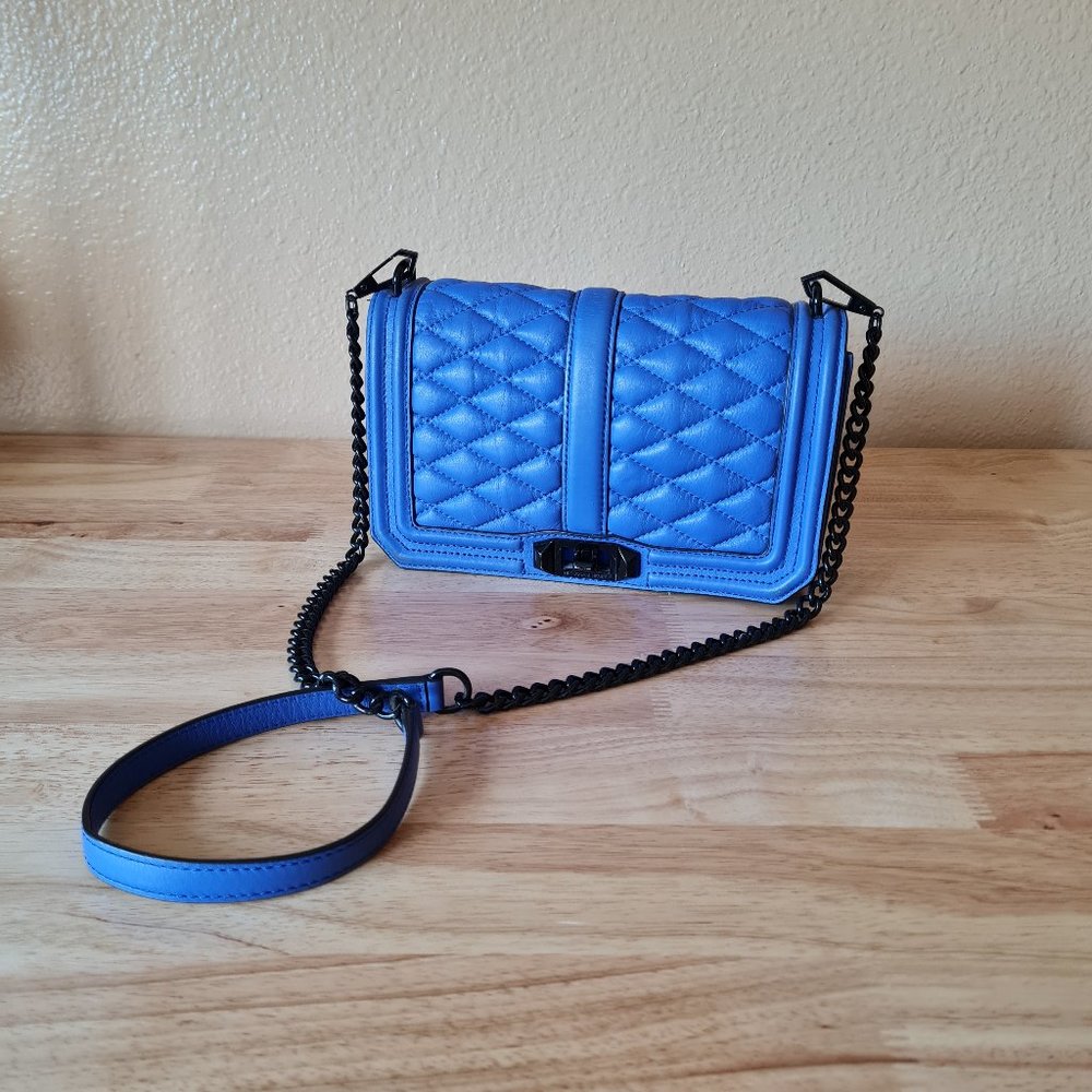 Rebecca Minkoff Diamond Quilted Love Crossbody Electric Cobalt Blue Black Bag
